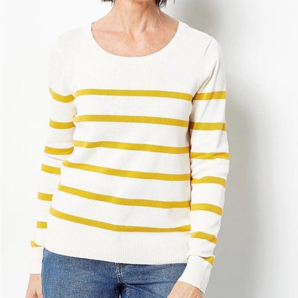 Candace Cameron Bure Yellow and White Striped Sweater